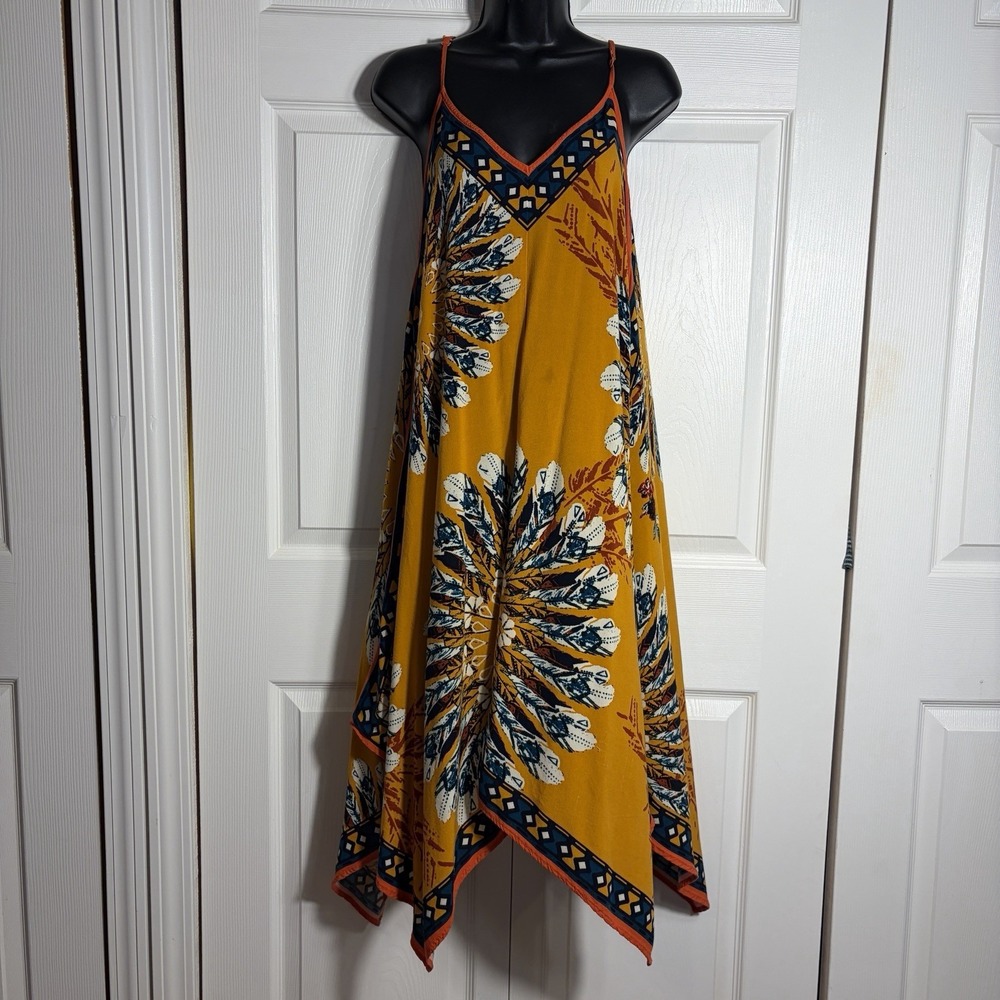 Jealous Tomato Boho Hanky Hem‎ Dress Women M Orange Feather Medallion Sleeveless